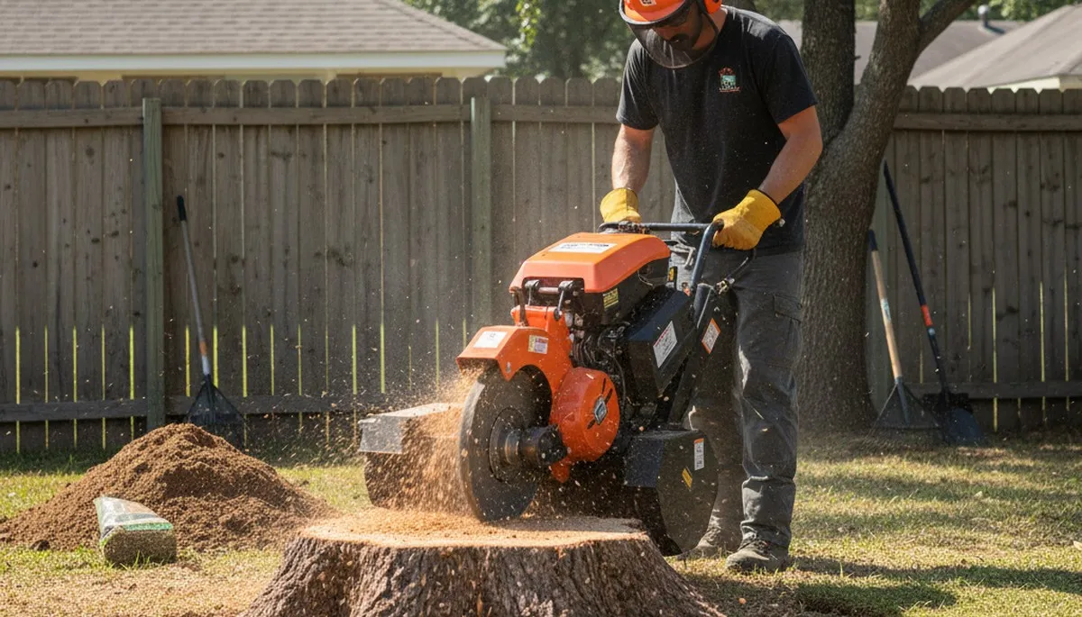 Professional stump grinding service removing tree stumps in Manchaca, Austin, TX yard