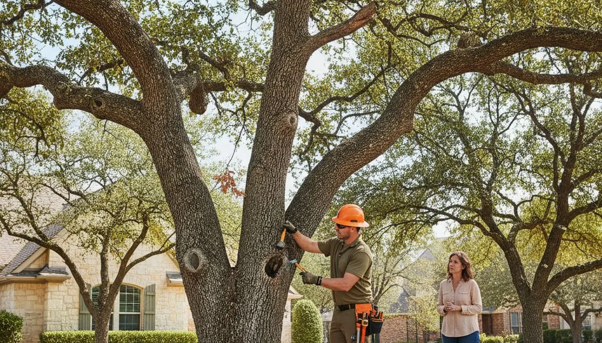 Certified arborist performing tree health assessment for homeowners in Round Rock, TX near Austin